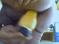 Huge yellow sex-toy absolutely disappears in my old hirsute chocolate hole 